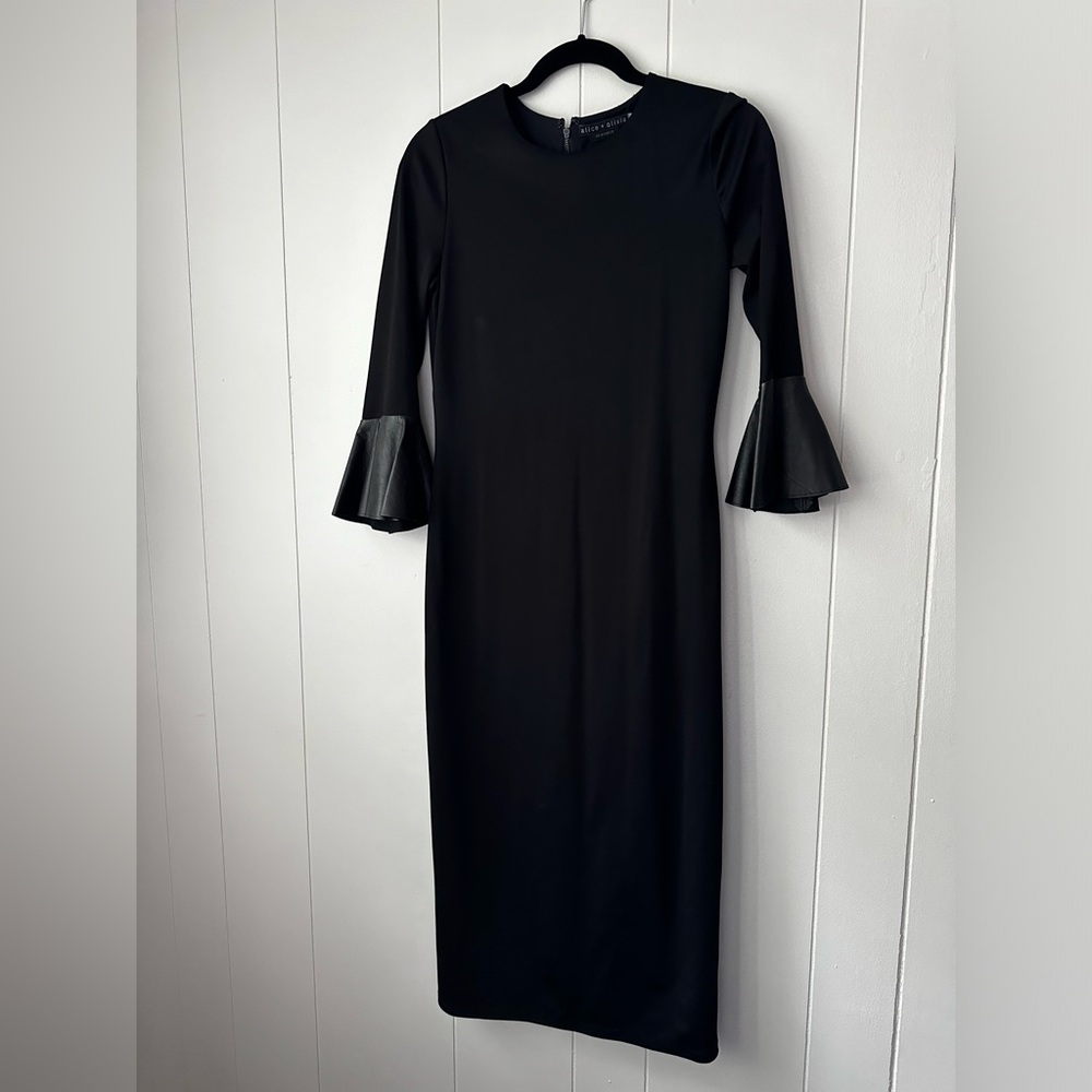 Alice + Olivia classic black dress, leather cuffs, 8